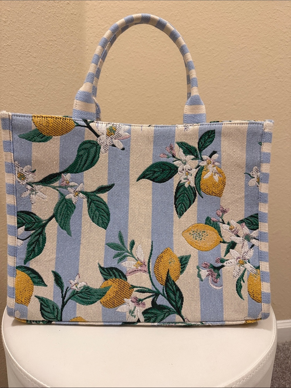 #275. Shiraleah Lemon Canvas Tote Bag in Blue & Cream